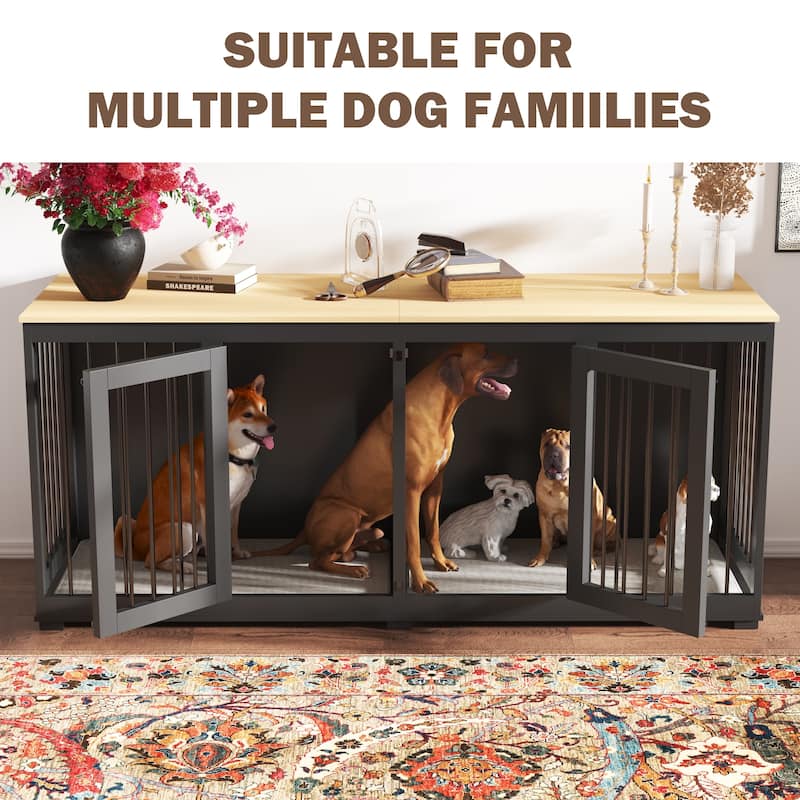 Large Dog Crate Furniture, 70.9"L Wooden Dog Crate Kennel with Divider