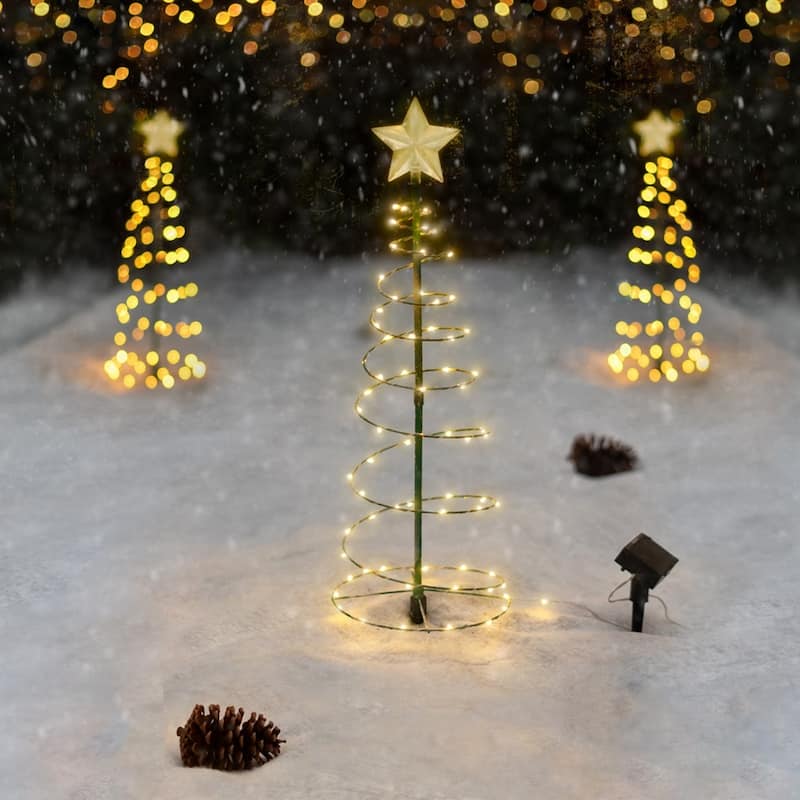 2 Ft. Tall Solar Pre-Lit LED Metal Christmas Tree Holiday Light Decoration - Multicolor or White - 3 Pack - Warm White