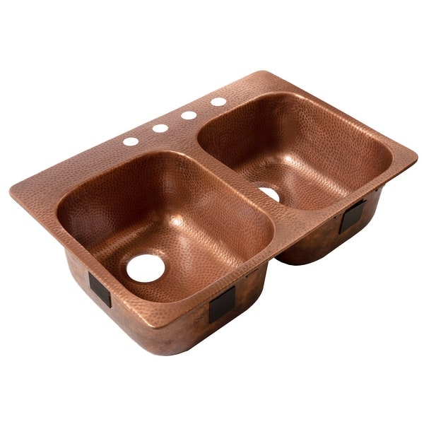 slide 2 of 8, Santi Copper 33" Double Bowl Drop-In Kitchen Sink with 4 Holes - Right