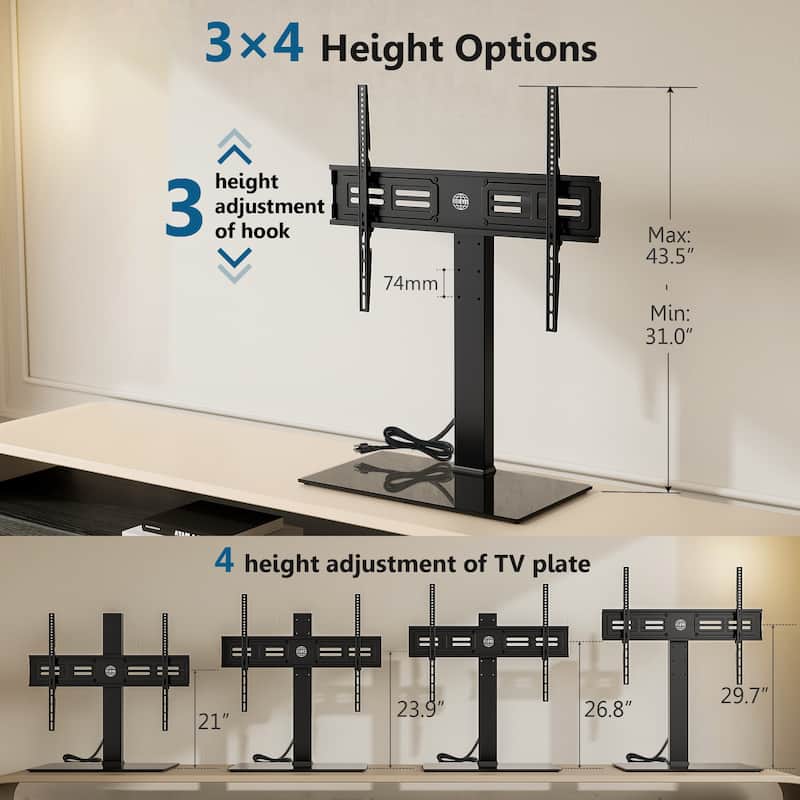 FITUEYES Table Top TV Stand with Power Strip up to 50-85 inches TVs, Black