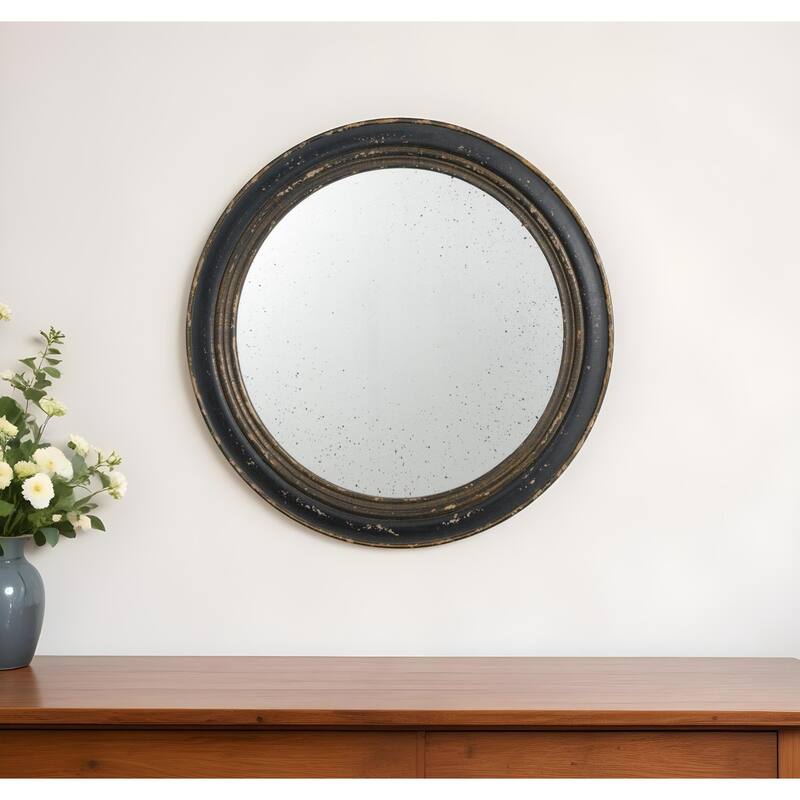 HomeRoots 24" Dark Brown Distressed Wood Round Framed Accent Mirror - 23.6' X '23.6' X '0.8 - Dark Brown - 23.6' X '23.6' X '0.8