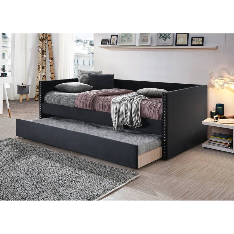 Beautiful 1pc Modern Daybed Tufted Nailhead Trim Armrest Pull Out Trundle Bedroom Living Room Furniture Black Finish