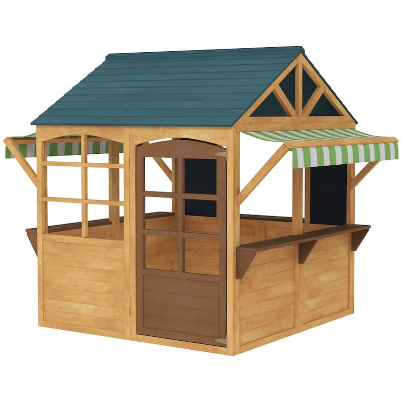 Brown and Blue Fir Wood Kids Playhouse with Door and Windows for Backyard Outdoor Fun Ages 3 to 8 - 68.1" L x 46.1" W x 56.7" H