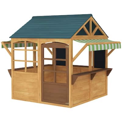 Brown and Blue Fir Wood Kids Playhouse with Door and Windows for Backyard Outdoor Fun Ages 3 to 8 - 68.1" L x 46.1" W x 56.7" H