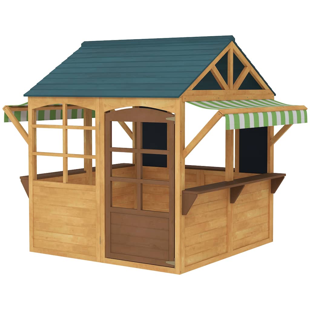 Brown and Blue Fir Wood Kids Playhouse with Door and Windows for Backyard Outdoor Fun Ages 3 to 8 - 68.1" L x 46.1" W x 56.7" H