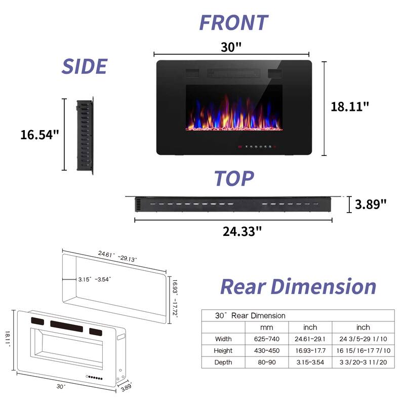 Electric Fireplace Insert, 750/1500W Electric Heater, Adjustable Flame Color, Remote Control, Timer