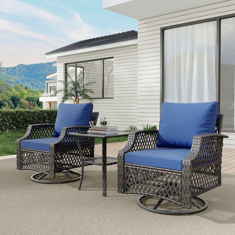 Outdoor Wicker Patio Set w Swivel Chairs & Sofa, Ottomans and Tables, Modular 3/5/6/7-Piece, All-Weather Conversation Set.