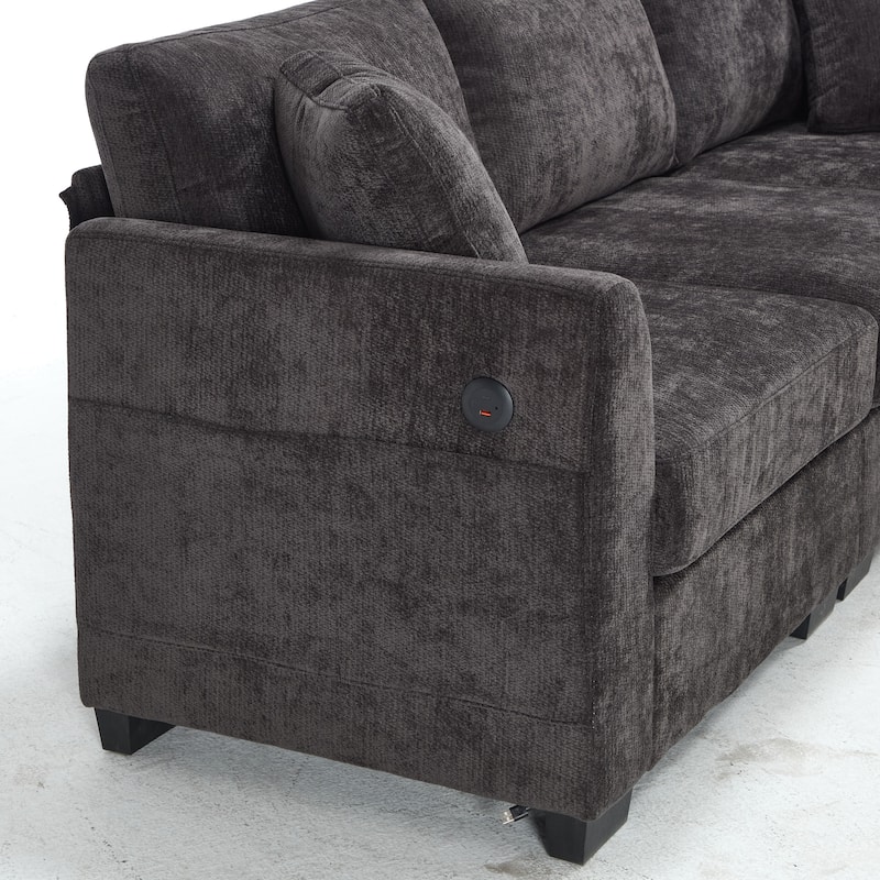 L-Shaped Modular Sectional Sofa with Storage Ottoman, 97" Chenille Corner Couch with USB Ports, Side Pockets