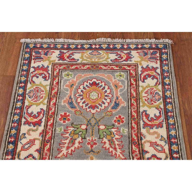 Traditional Kazak Runner Rug Hand-Knotted Grey Wool Carpet - 2'1" x 5'10"