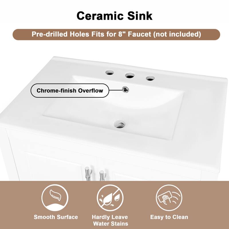 30" Bathroom Vanity Set with Sink, Solid Wood & MDF Board, Freestanding with Multi-Functional Drawers & Doors