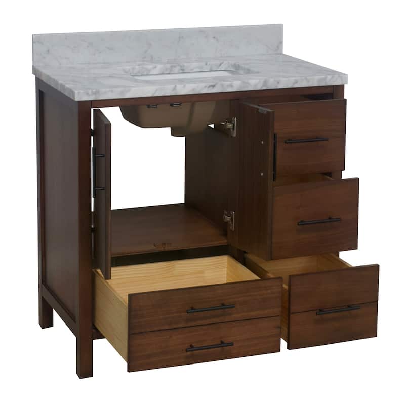 KitchenBathCollection California 36" Bathroom Vanity with Carrara Marble Top