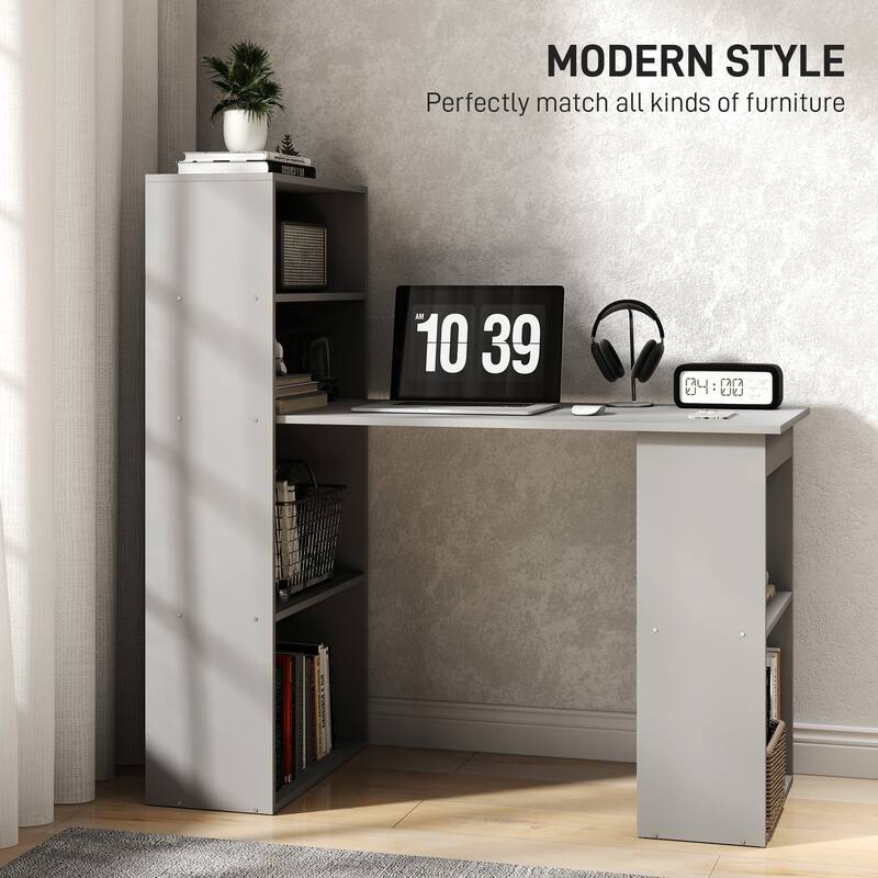 Space-Saving Grey Engineered Wood Computer Desk with 6-Tier Storage Shelves for Home or Office