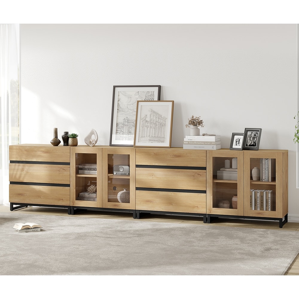 4 in 1 Modern Dresser with Glass Doors and 6 Drawers,Storage Cabinet with Adjustable Shelves, Chest of Drawers