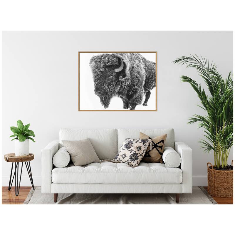 Kate and Laurel Bison in Snow Black and White by Amy Peterson Framed Canvas Wall Art Print