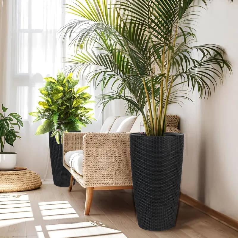 Faux Rattan Tall Planters Set of 2, Large Planters with Water Level Monitor Inner Bucket - Black