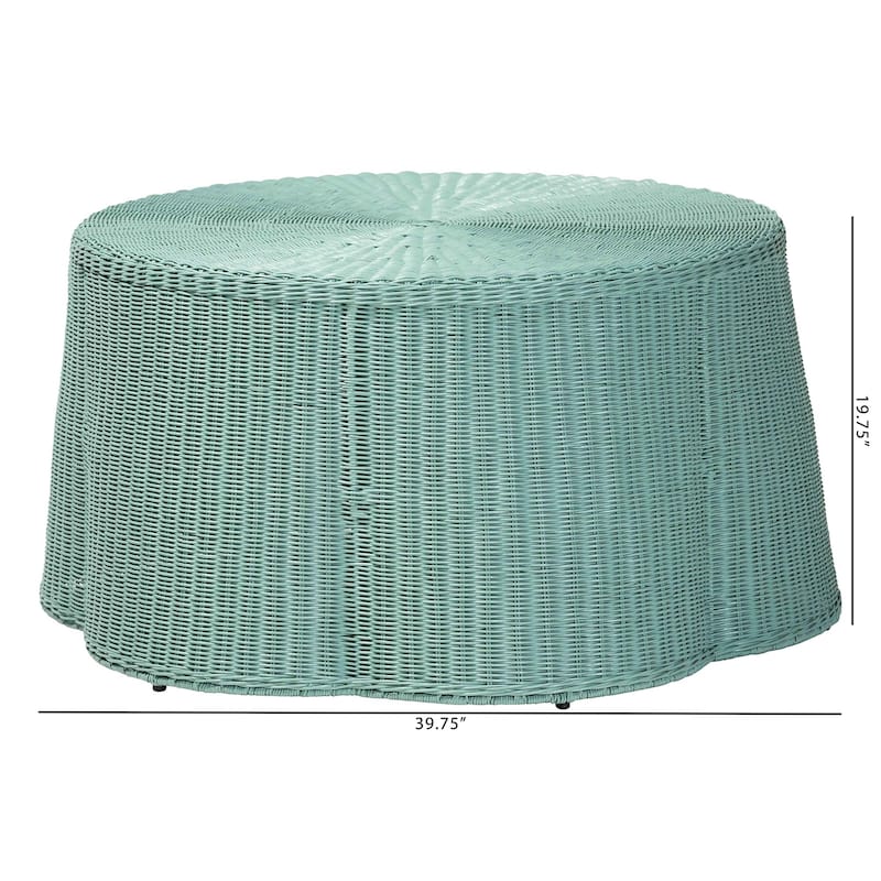 Palm Scalloped Rattan Coffee Table - Handwoven Wicker Round Accent Table for Living Room Patio or Sunroom, Coastal Style
