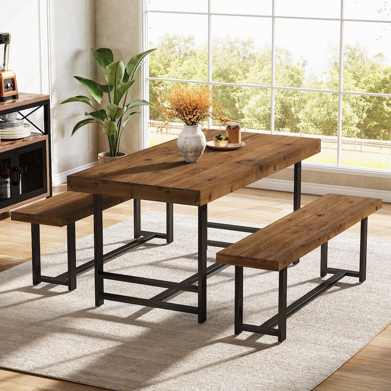 Rustic Rectangular Dining Table Set for 4 with 2 Chairs, Brown - N/A