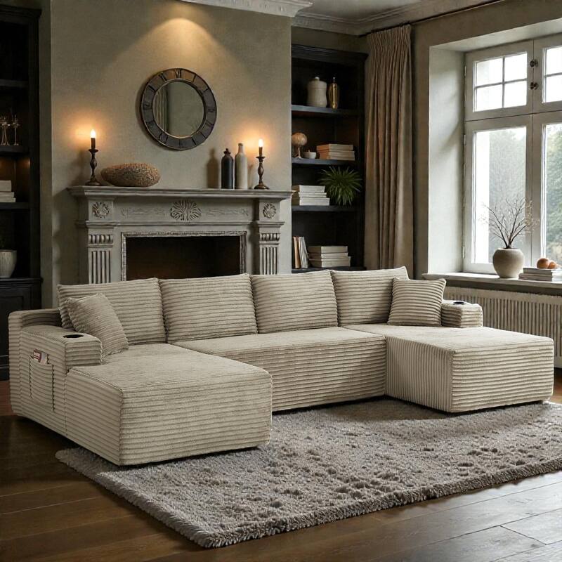 Compressible U-Shaped Modular Sectional Sofa, Corduroy Cloud Couch, 6-Seat Minimalist Living Room Sofa - Camel