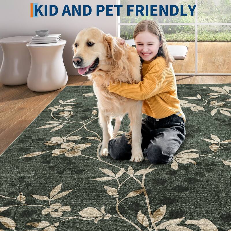 Modern Leaves Pattern Area Rug Botanical Print Washable Rugs for Living Room Bedroom Non-Slip Low Pile Floor Carpet