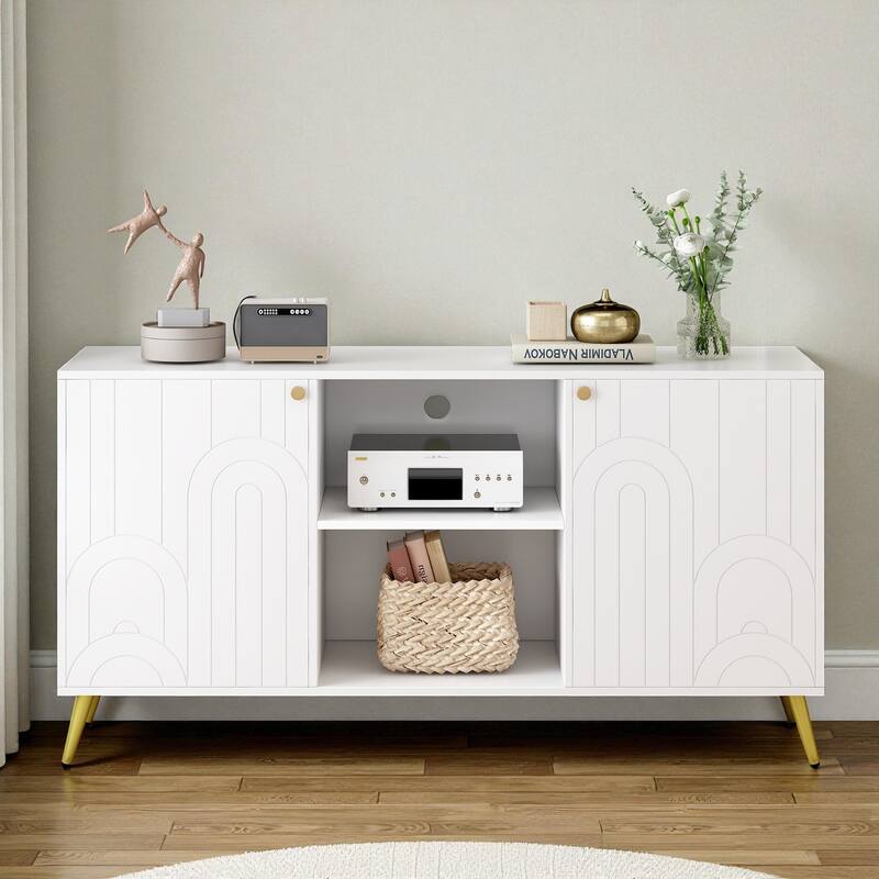 Modern 53'' TV Stand for TVs up to 55'', Media Console with Adjustable Shelf, Metal Legs & Handles, Anti-Tip Device - White