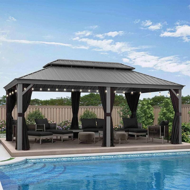 PURPLE LEAF Outdoor Gazebo Aluminum Frame Galvanized Steel Hardtop Gazebo with Bulbs