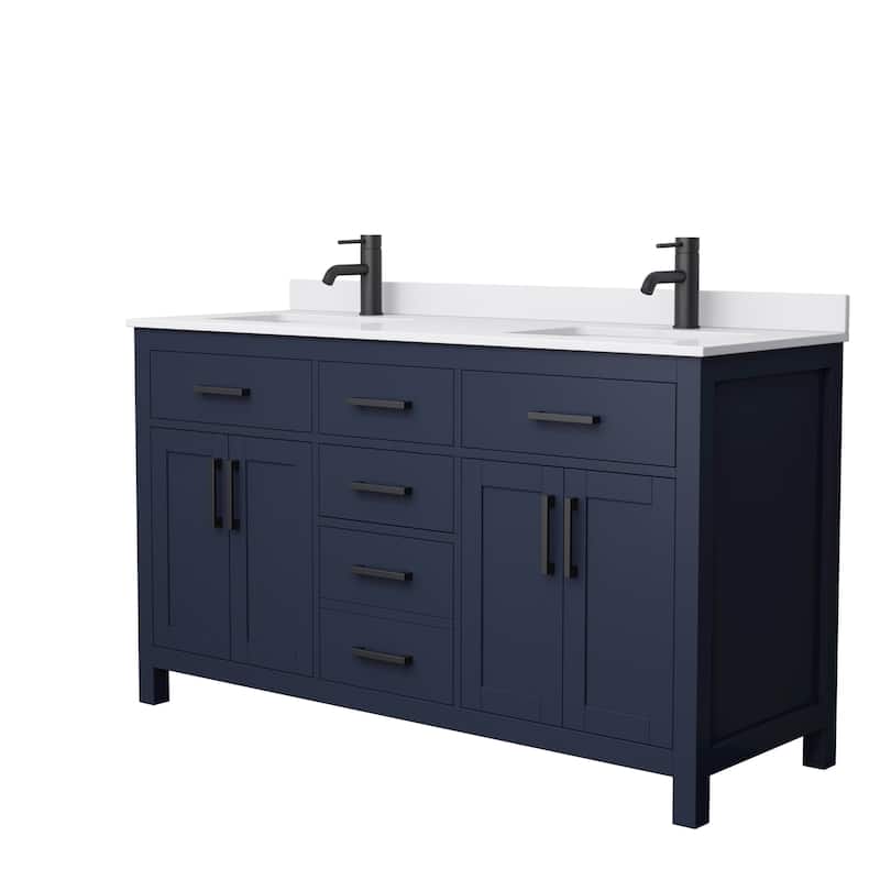 Beckett 60 Inch Double Vanity, Cultured Marble Top - Dark Blue, Black Trim, White Cultured Marble Top