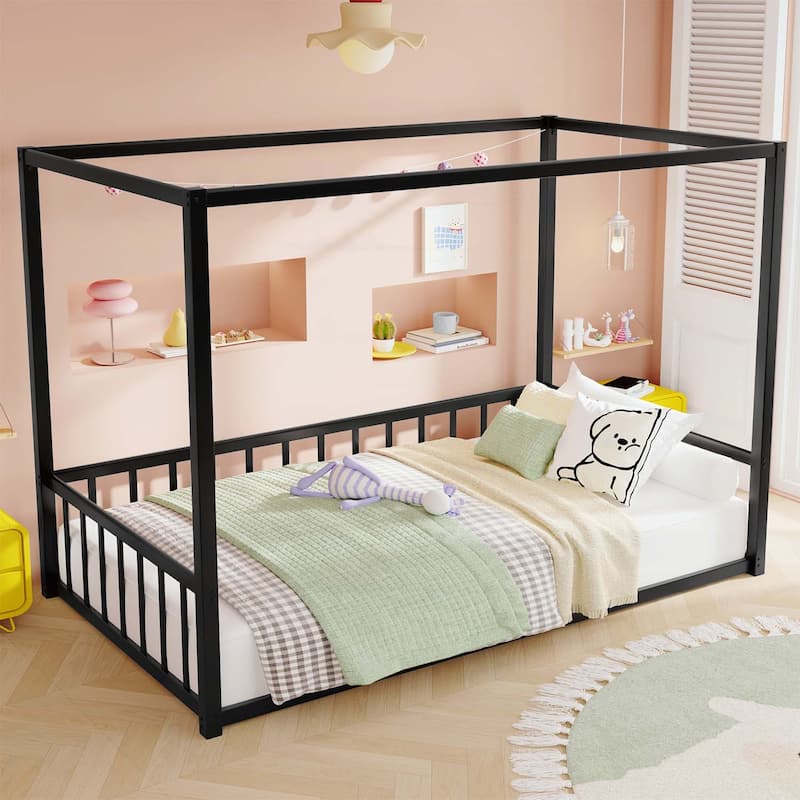 Floor House Bed with Fence-Style Guardrails,Modern Low-Profile Design