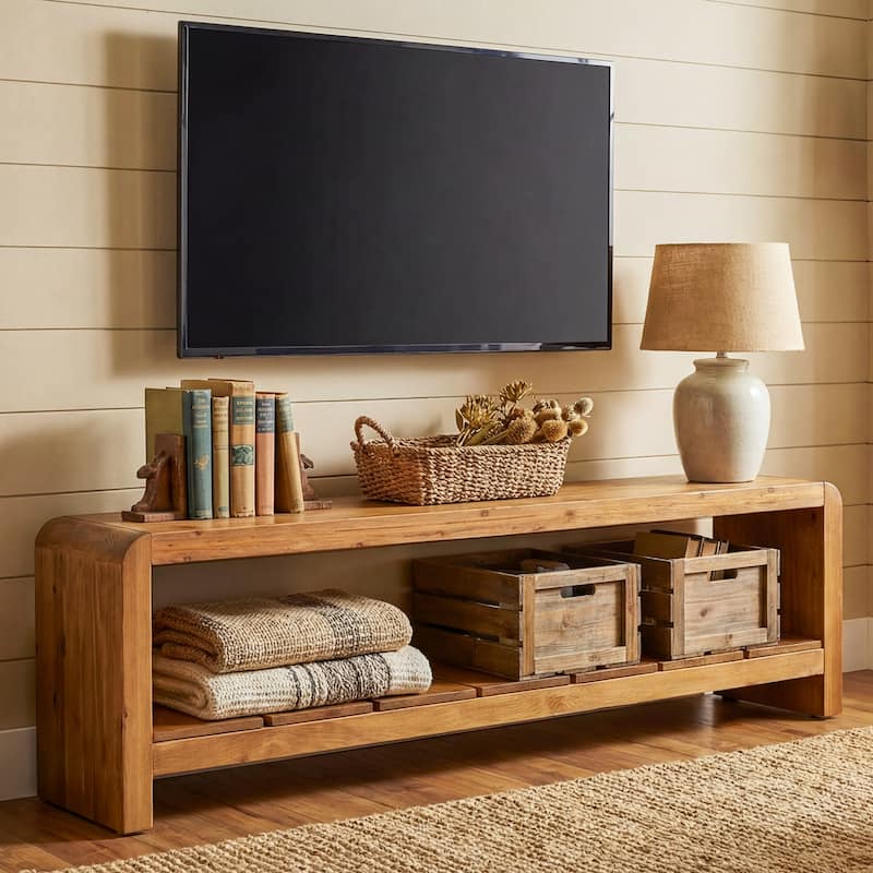 59" TV Stand for 55/60/65-Inch TVs, Solid Wood TV Console with Storage Shelf - Brown