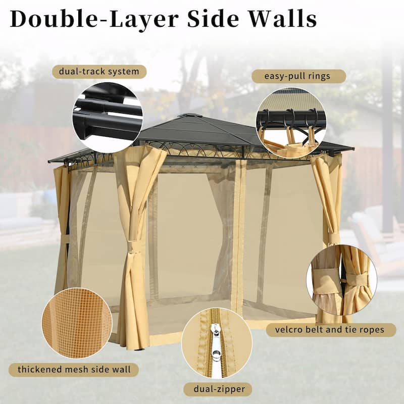 10'x10' Outdoor Hardtop Gazebo with Polycarbonate Roof, Aluminum Frame & Privacy Screens