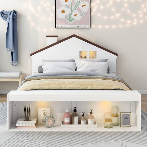 slide 2 of 16, Full Size House Platform Bed with LED Lights and Storage White