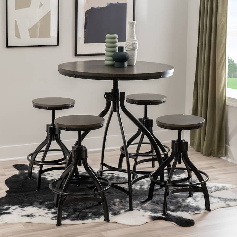 Linon Caverly Steel/Wood Industrial 5-Piece Adjustable Round Bar Stool Set - Grey