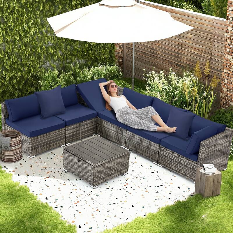 EROMMY 6/7 Piece Modular Outdoor Rattan Sofa Set, All-Weather Wicker Patio Furniture with Storage Table, Cushions & Pillows