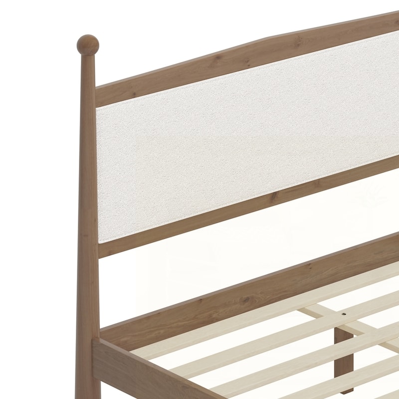 Solid Pine Wood Platform Bed with Upholstered Headboard