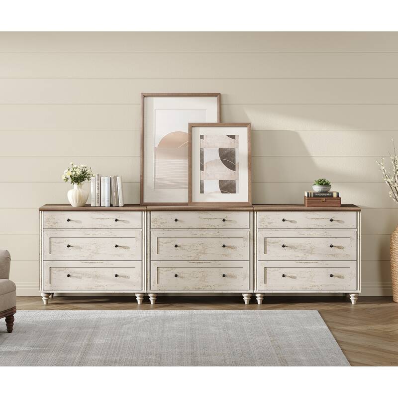 WAMPAT 3 Drawer Dresser ,Wood Storage Dresser for Bedroom - rustic white - 9-drawer