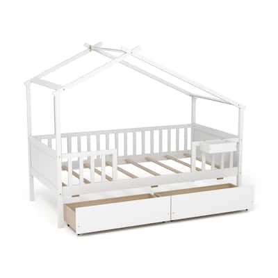 Twin House Bed with 2 Storage Drawers and Roof & Fence Rails