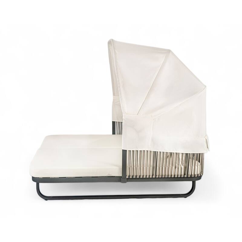 57" Outdoor Patio Rattan Daybed Sunbed with Retractable Canopy and Pillows