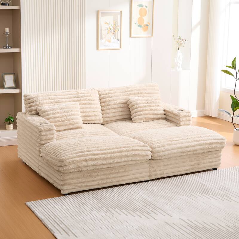 Oversized Double Chaise Lounge Sofa, Living Room 2 Seater Sofa Upholstered Sleeper Sofa Bed Daybed with USB Ports & Cup Holders