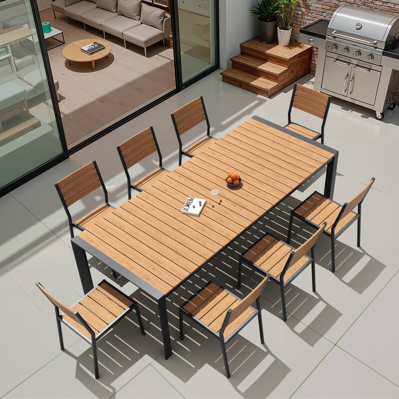 9-Piece Outdoor Patio Dining Set Wood Like Table Top Aluminum Rectangular Umbrella Hole Table with Stackable Dining Chairs - Brown