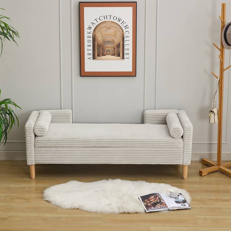 65.35" Wide Corduroy Storage Soft Bench with Armrests, Backrest and Two bolster Pillows for Living Room