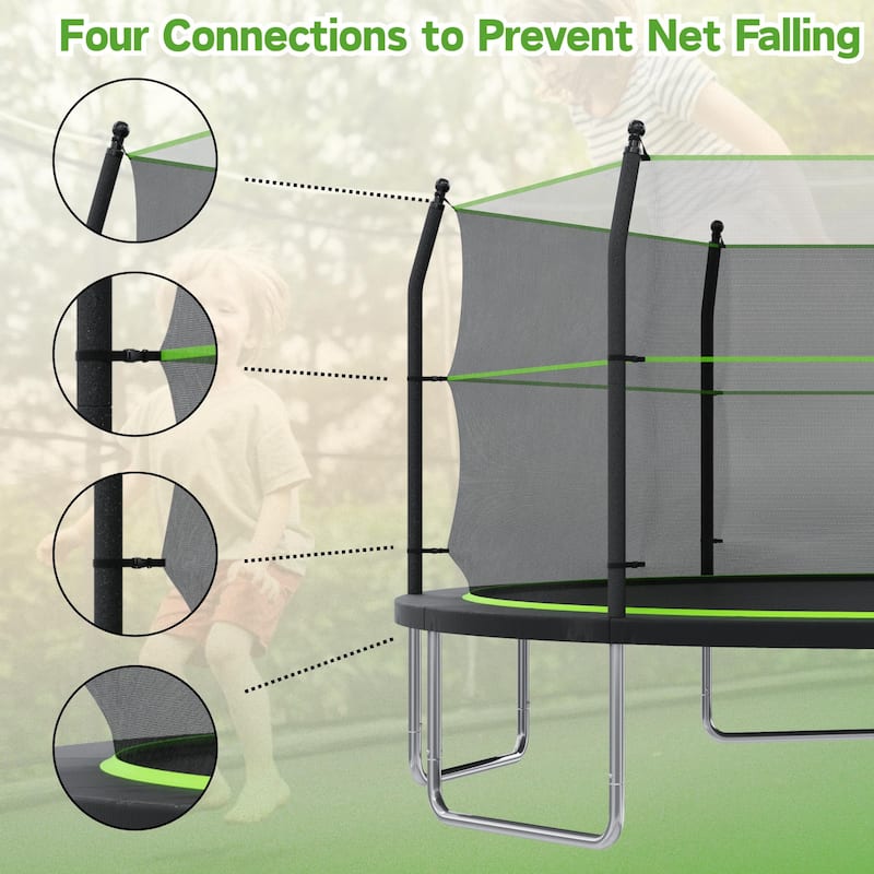 Toddler Trampoline - Safety Enclosure, Basketball Hoop & Ball, Indoor Outdoor Use - Black+Green - 168