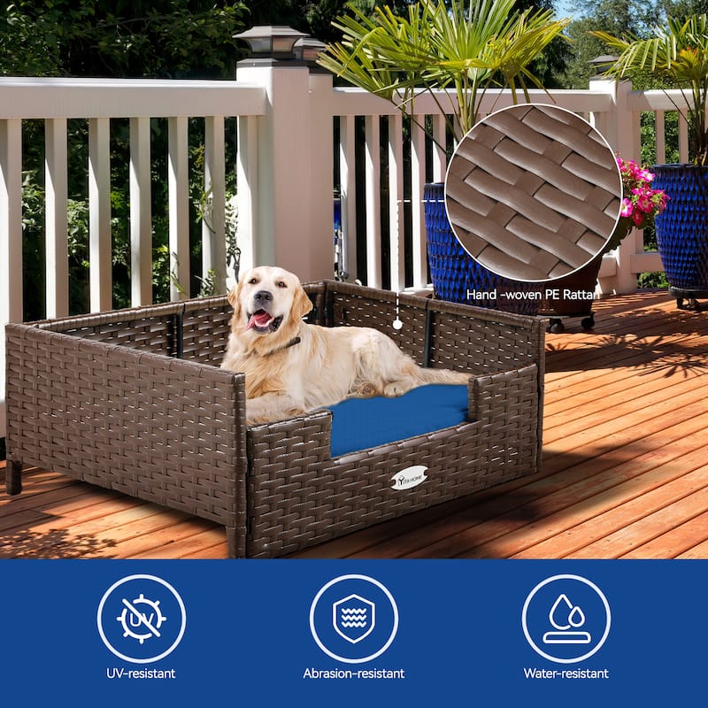 Moasis Elevated Rattan Dog Sofa with Cusion - Medium - Blue