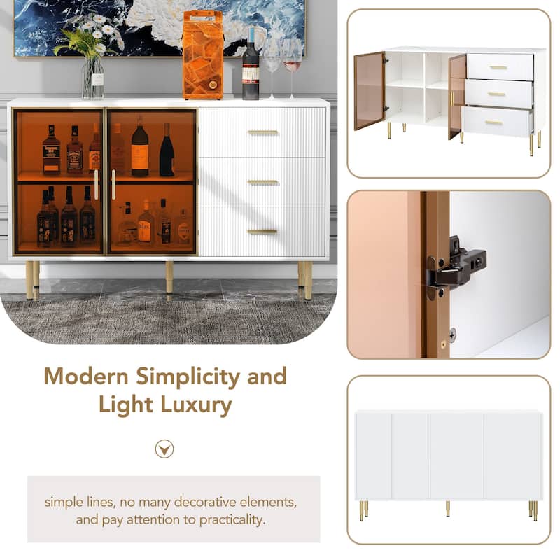 Navy Blue Cabinet with Marble Sticker Top & Amber-Yellow Glass Doors - Elegant Storage