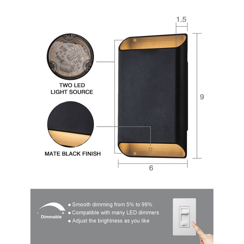 9" Black Modern Led Wall Sconce for Patio, Yard