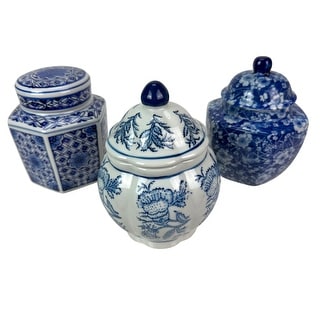 Decorative Jars Set Of 3 Blue White Chinoiserie Porcelain Lidded 6.75 ...