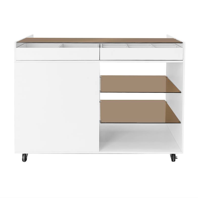 Roomfitters Multi-Functional Storage Island Vanity Console with Glass Display Shelves and Reversible Top, White