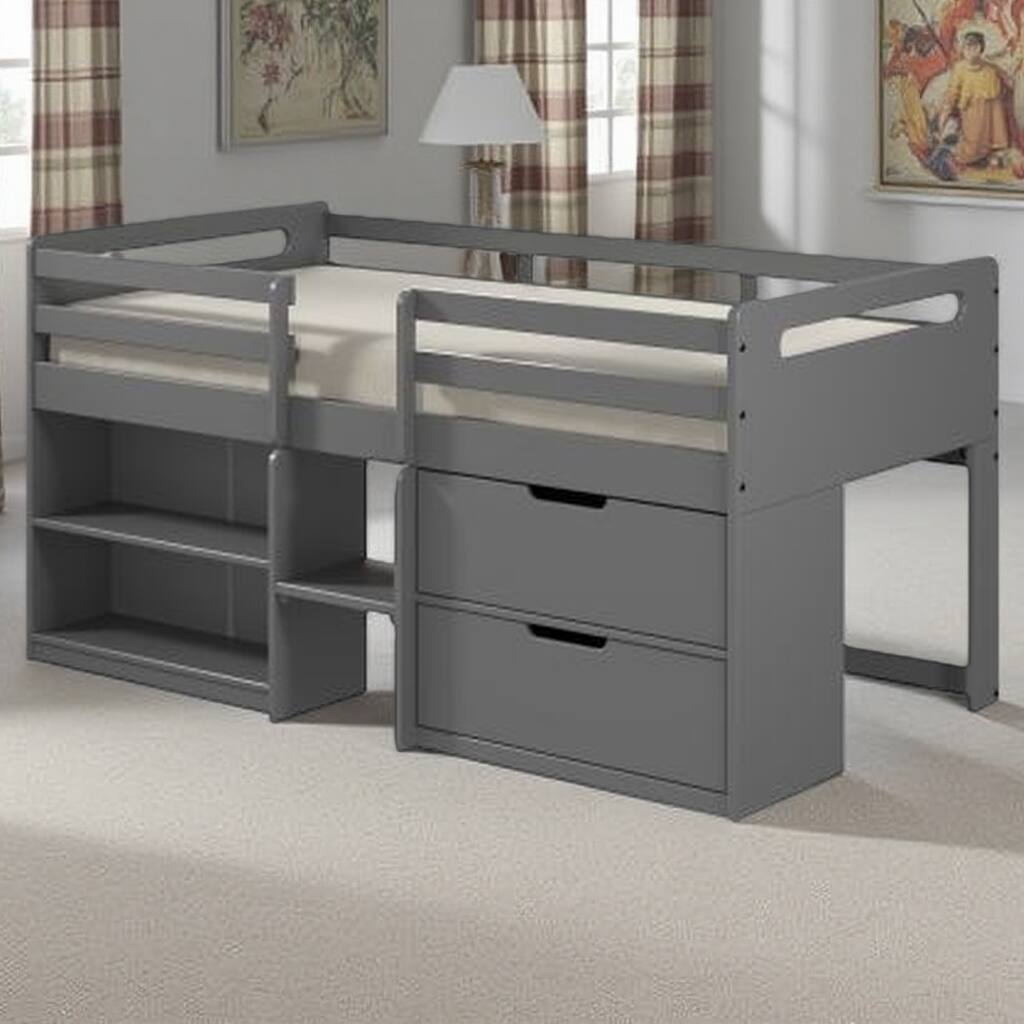 Twin Loft Bed with Built-In Drawers and Open Shelves, Space-Saving Design with Fixed Ladder and Slat Support, Gray Wood Finish