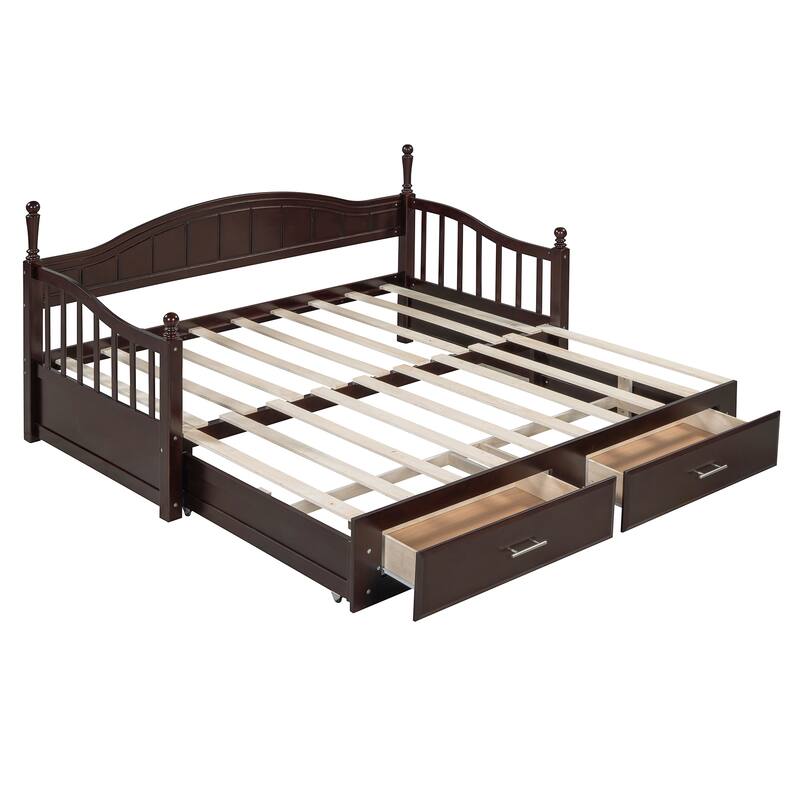 Twin Size Wooden Daybed with Two Storage Drawers and Trundle for Bedroom