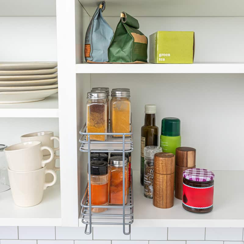 Household Essentials 2-Tier Brushed Nickel Spice Rack Organizer, Sliding Pantry Organizer