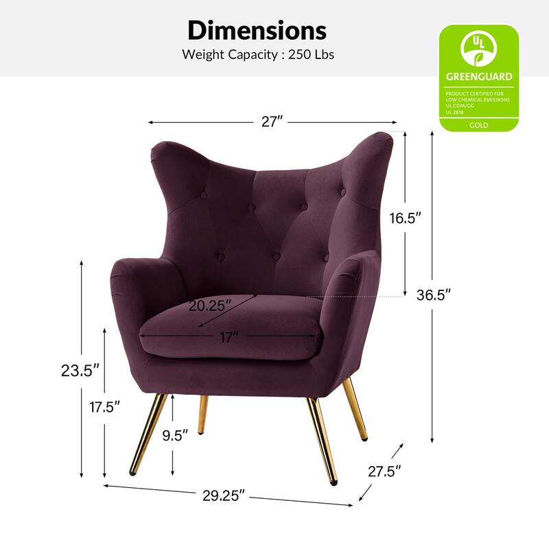 Eusebio Tufted Velvet Accent Chair with Wingback, Arms, and Metal Gold Legs for Living Room or Bedroom by HULALA HOME