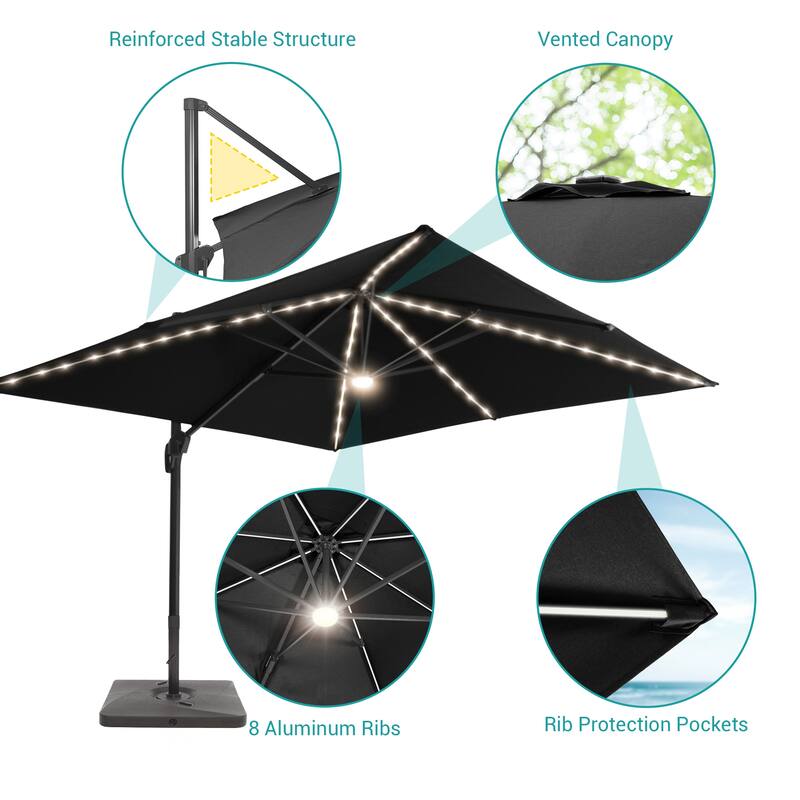 BONOSUKI 10x10FT LED Cantilever Patio Umbrella Angle Adjustment w/Base